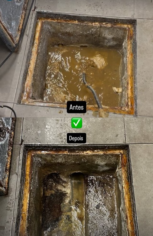 Antes e depois de uma caixa de esgoto: em cima cheia de água suja e resíduos com mola mecânica em utilização, em baixo limpa e com escoamento livre