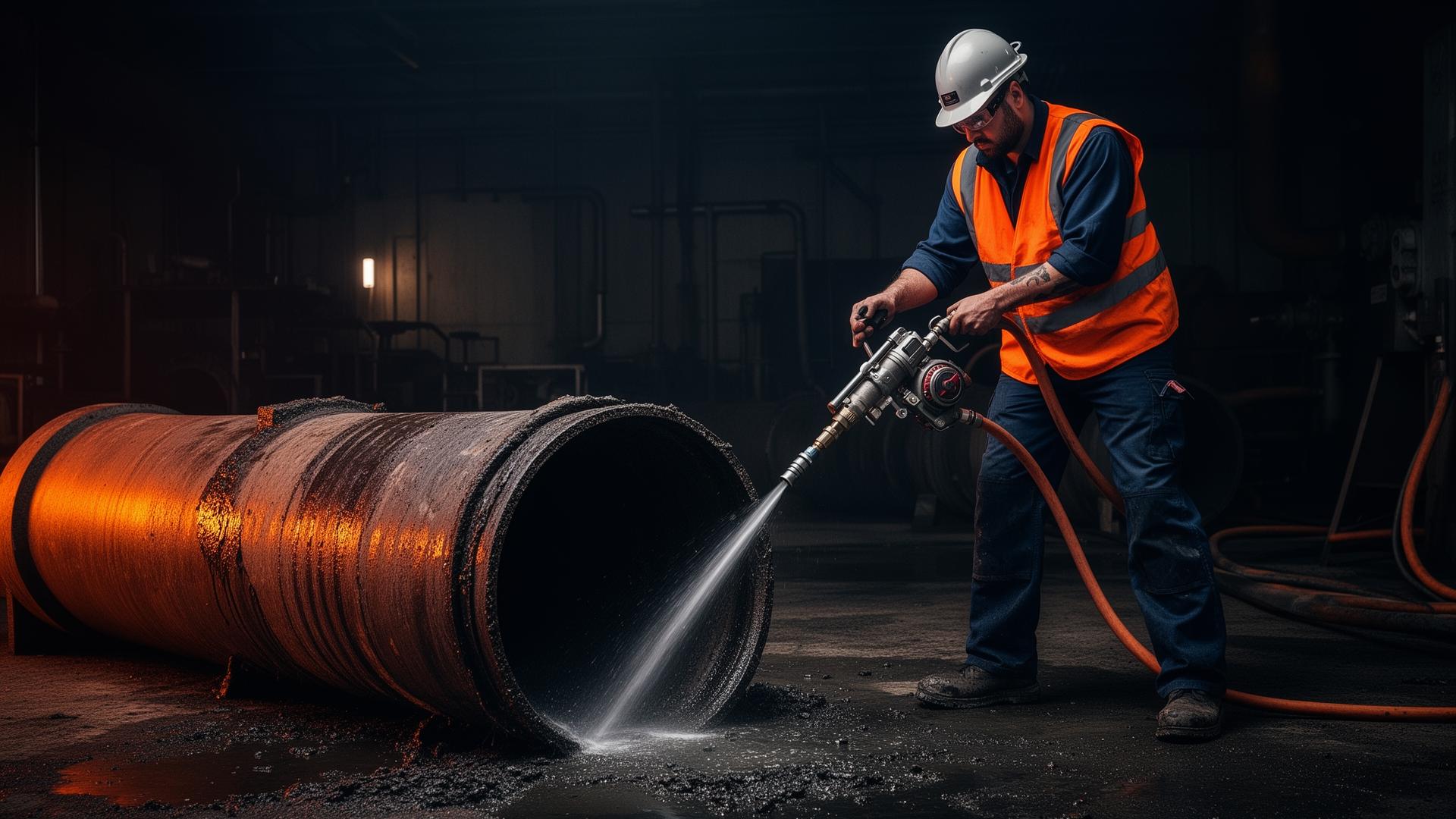 Técnico de desentupimentos profissional com equipamento de hidrojato